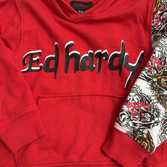 Ed Hardy Kids Tiger Hoodie Girls Boys Size 5 6 Sweatshirt Spell Out Tattoo Retro - Picture 2 of 8